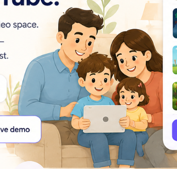 A warm illustration of a family of four sitting on a sofa, watching a tablet together in a cozy living room